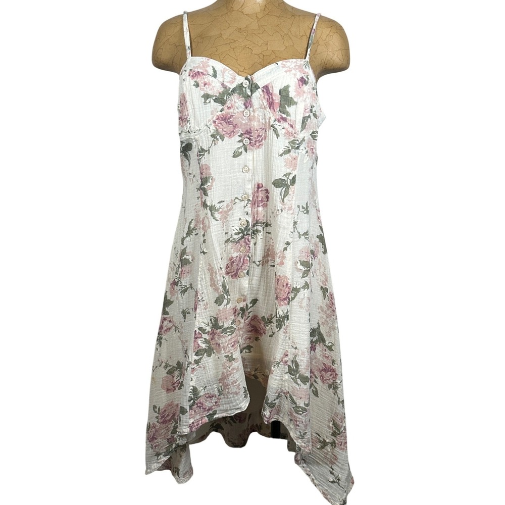 Miss Me Floral Cotton Gauze Button Front High Low Midi Dress Cream‎ Pink Cottage